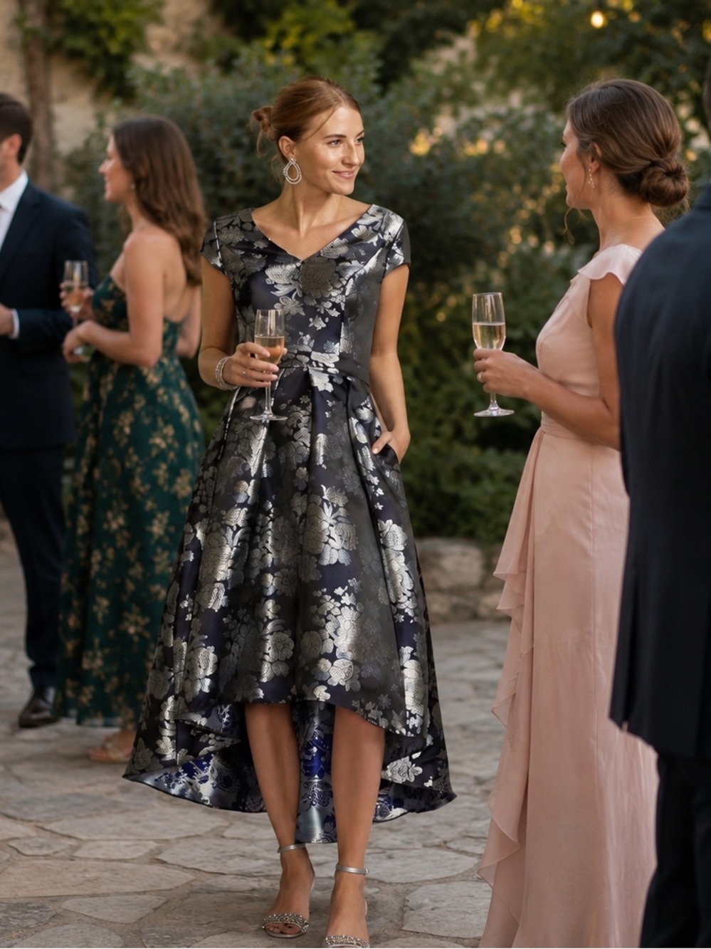 Oleg Cassini Navy and Silver High Low Dress